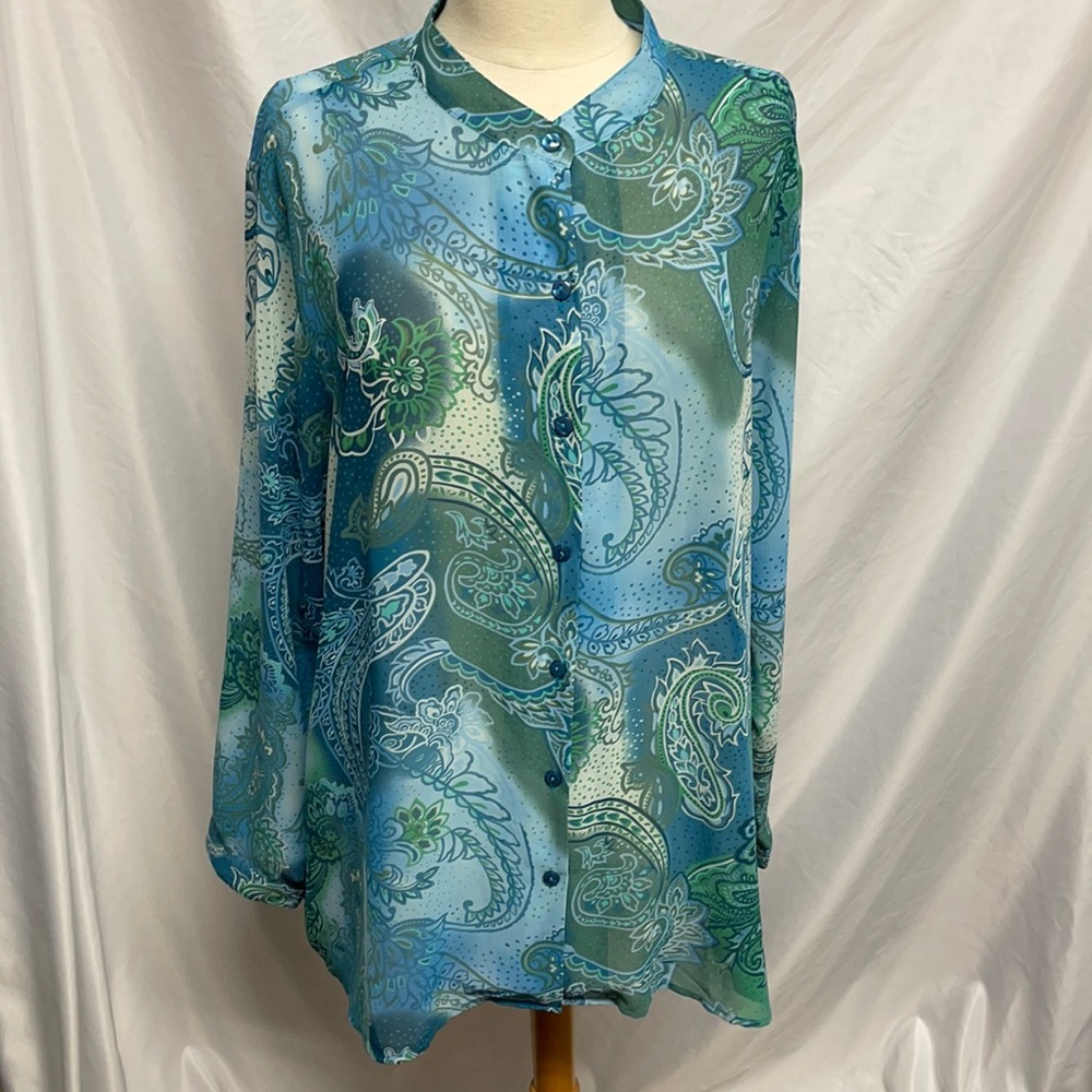Islander Sheer Beautiful Aqua Ocean Blouse SZ 2X